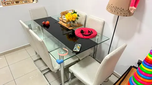 Glass Top Dining Table with 6 White Upholstered Chairs