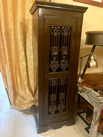 Marina Solid Wood Tall Storage Cabinet with Carved Doors - Dark Brown