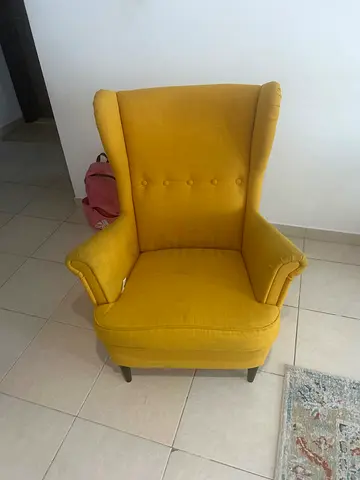 Comfortable Wingback Armchair in yellow Fabric with beige cover