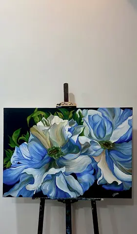 Original Floral Painting on Canvas – Blue & White Flowers