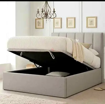 Beige Upholstered Ottoman Storage Bed with Headboard - Queen/Double