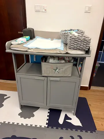 Gray Baby Changing Table with Storage Cabinet
