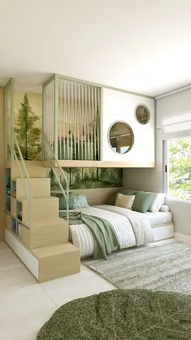 Loft-style kids bedroom set with built-in bed and storage stairs