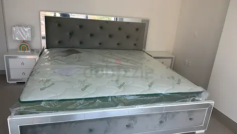 Super king mirrored bed frame with mattress and two bedside tables - excellent condition and dresser