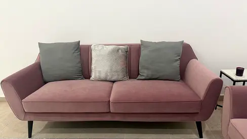 2 Classic 3-Seater Sofa in Dusty Rose — Good Condition w/ coffee table and side table in marble