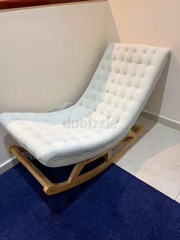 Curved White Tufted rocking chair with Wooden Base - Good Condition