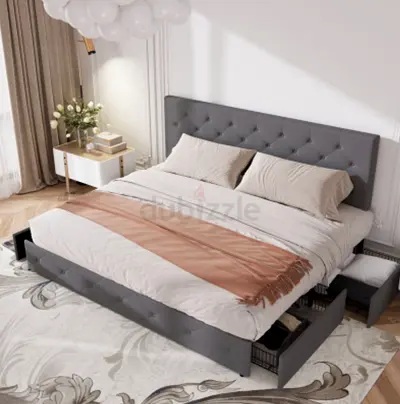 Charcoal Grey Velvet Fabric Bed With Storage Drawers