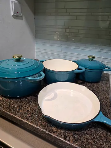 Blue enameled cast iron cookware set — 3 pots and skillet, good condition