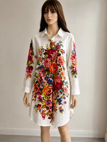 White Floral Embroidered Long Shirt Dress - Size medium