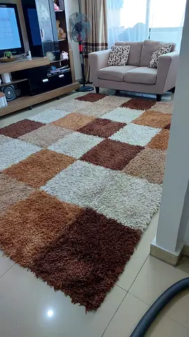 Large Brown & Cream Checkered $%&! Rug — Good Condition