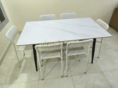 6-Seater Dining Table, Granite Top with Marble Print + 6 IKEA Chairs - Sold as Set