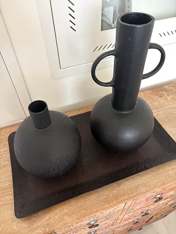 Set of 2 Decorative Iron Vases on Rectangular Base