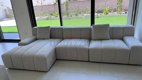 Light grey modular sectional sofa - modern low-profile, good condition