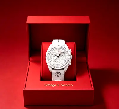 Omega x Swatch White Chronograph Watch in Box