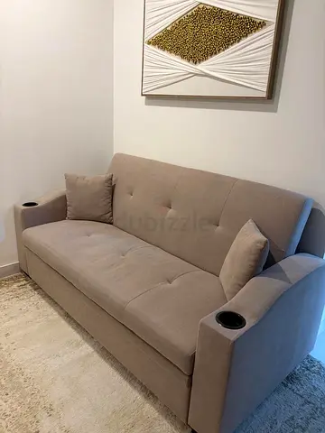 Beige 3-Seater Sofa with Cup Holders — Good Condition