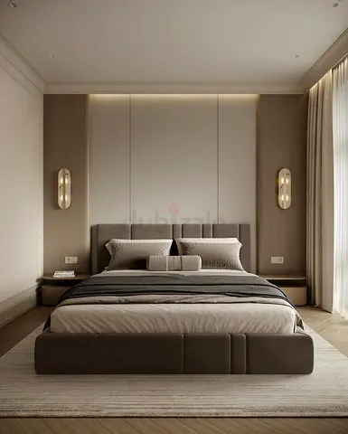 Modern upholstered king bed with integrated headboard
