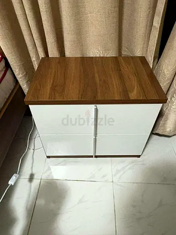 Compact two-drawer bedside table with wood finish top - good condition and double bed - 6 month old