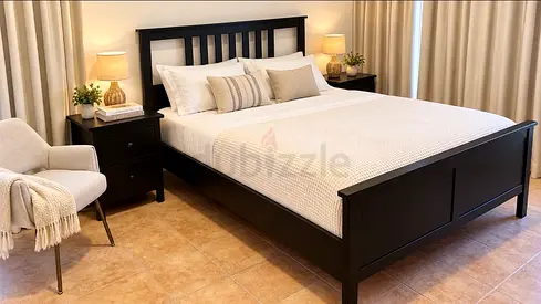 Wooden Bed Frame with Mattress and Headboard and 2 side tables