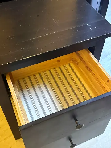 Used black wooden bedside table with two drawers and a small jewelry drawer from IKEA