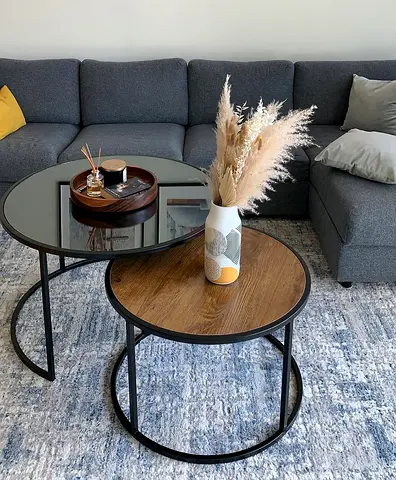 Set of 2 Nesting Coffee Tables – Glass & Wood Top with Black Metal Frame