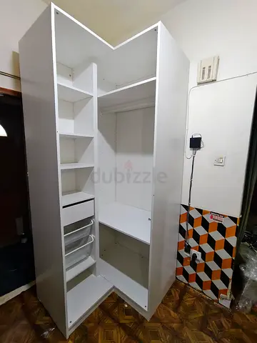 White Corner Wardrobe/Closet Unit with Shelves and Drawers