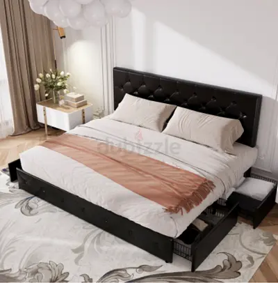 Royal Black Velvet Upholstered Bed With Storage Drawers