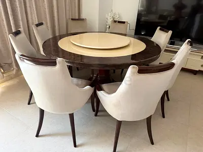 Premium Marble Round Dining Table + 8 Chairs + Lazy Susan