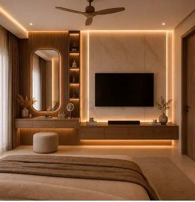 Modern wall-mounted entertainment unit with integrated vanity and ambient lighting