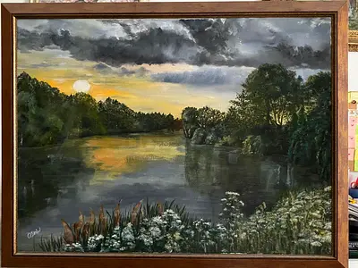 Original Framed Landscape Acrill Painting of Lakeside at Dusk, size  87x68 cm