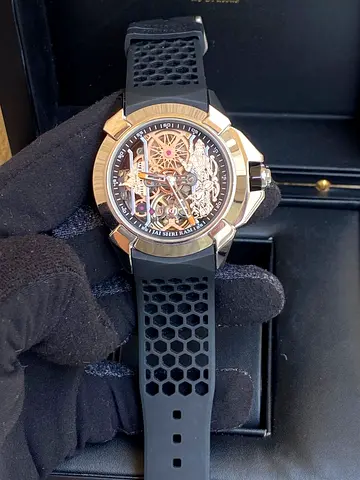 watch appearing to be modeled after the Jacob & Co. Epic X design, featuring a rose gold-tone case,