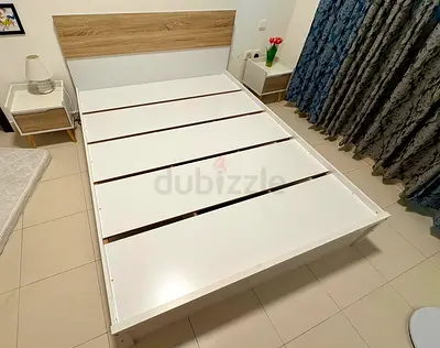 Urgent Sale Queen size bed frame with headboard and slats - white & wood finish (Free Mattress)