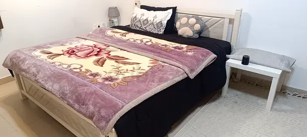 White Wooden Double Bed with Side Table - Good Condition