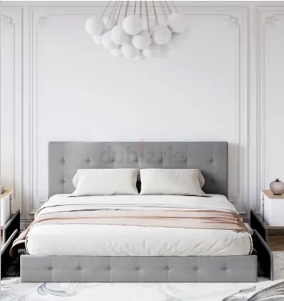 Light Grey Velvet Upholstered Bed With Storage Drawers
