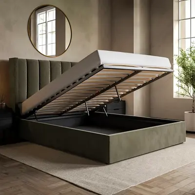Classic Mossy Stone Velvet Bed With Hydraulic Storage
