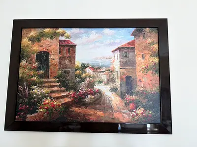 Framed Scenic Village Oil-Style Painting