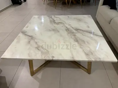 Square Marble-Effect Coffee Table with Gold Metal Base 2pieces, one side table and one coffee table