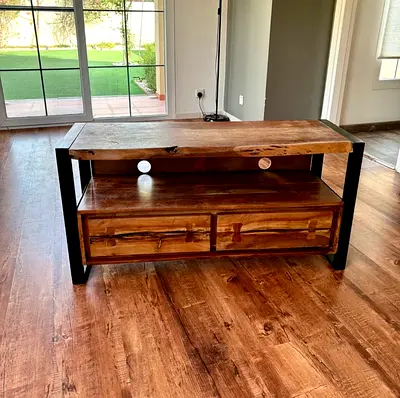 Solid Wood TV Console with Drawers and Industrial Metal Frame