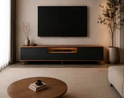 Modern Low TV Unit / Entertainment Console in Wood and Matte Black