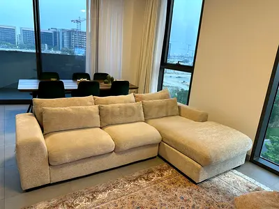 Large Beige L-Shaped Sofa with Chaise Longue