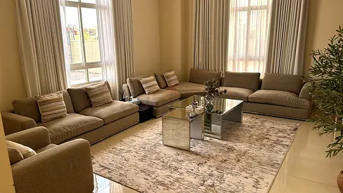Large Beige Modular Sofa Set with 2 Coffee Tables and one seater chair — Good Condition