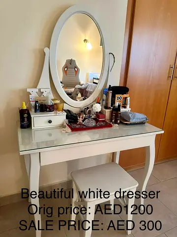 White Dressing Table with Oval Mirror and Stool - Good Condition