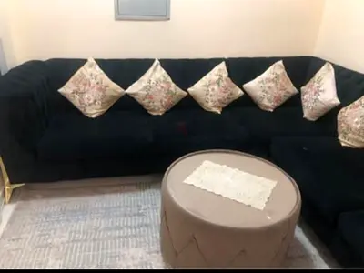 Large L-shaped Velvet Sofa with Cushions - Dark Green/Black