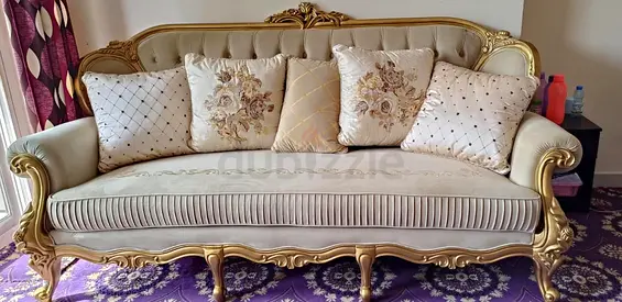 Classic Gold-Framed 3-Seater Sofa with Cushions - Good Condition