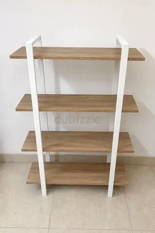 Wood & White Metal 4-Tier Open Shelf Unit - Good Condition