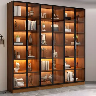 Wooden Display Bookcase with Glass Doors and Built-in Lighting