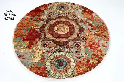 201 x 194 cm | Oriental Abstract Round Rug Afghan Hand Knotted Veg Dye Wool carpet