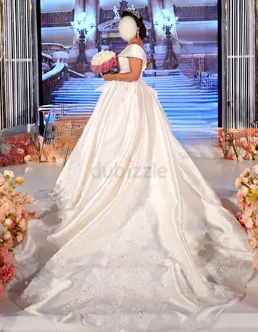 Off-shoulder Satin Ball Gown Wedding Dress with Long Train - Size Available