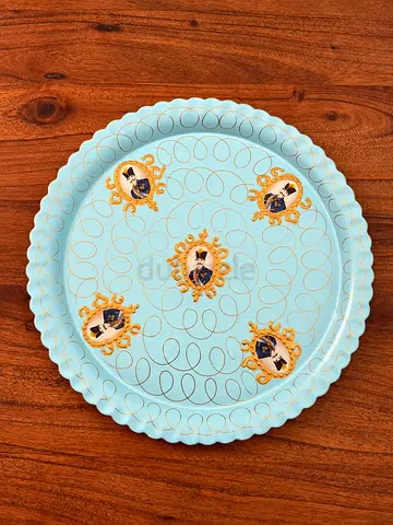 Light Blue Decorative Serving Tray with Vintage Portrait of Naser al-Din Shah Qajar
