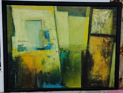 IKEA - Abstract framed painting in green and yellow tones