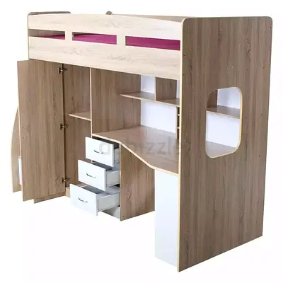 Single loft bed with integrated storage and desk - light wood